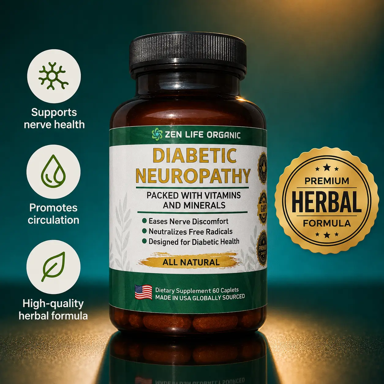 Zen Life Organic Edible Dietary Diabetic Neuropathy Supplement - 60 Capsules with Alpha Lipoic Acid, Natural B2 Vitamins, Nerve Function Improvement & Blood Sugar Support - Made in USA Healthcare