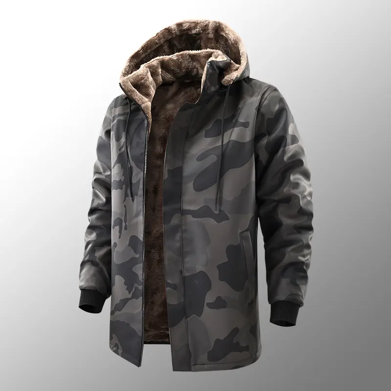 Thick Plush Lined Camo Hooded Winter Coat For Men, Wind Resistant Relaxed Fit Camouflage Outerwear, Warm Fleece Interior Daily Outdoor Jacket
