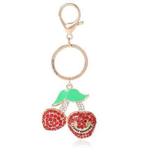 Juicy Couture Glitter Cherry Charm Keychain Bag Charm Trendy Fashion OL Accessory for Tote Backpack or Purse with Shiny Alloy and Sparkly Red Cherries