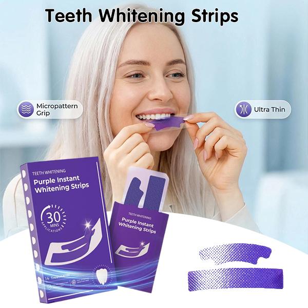 Purple Teeth Whitening Strips - 14/28 Whitening Sessions - Safe for Enamel - Non Sensitive Teeth Whitening - Peroxide-Free Whitening Strips, 14-day treatment (14 Packets - 2 Strips per pack) - Non-Slip, Dry Strip Technology