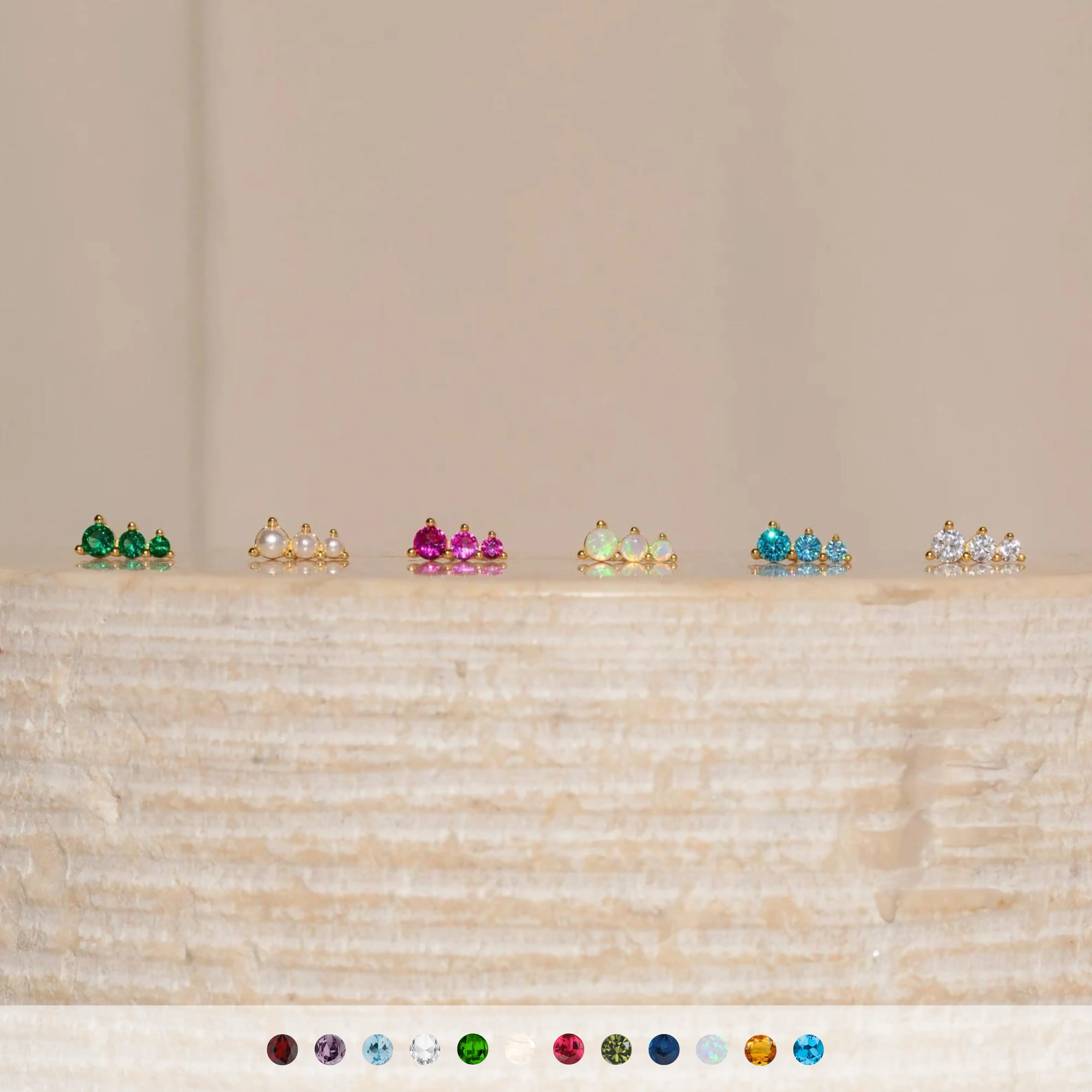 Triple Birthstone Studs by Caitlyn Minimalist - Delicate Everyday Crystal Stud Earrings in Gold - Custom Gemstone Jewelry - Gift for Her