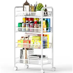 4 Tier Mesh Wire Rolling Cart, Kitchen Storage Organizer Utility Cart, Full Metal Basket Storage Art Trolley Carts with Wheels & 4 Side Hooks