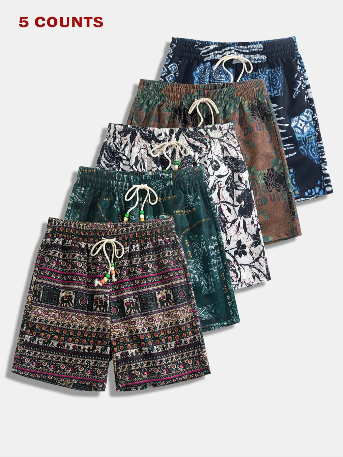 Men's Ethnic Pattern Drawstring Waist Baggy Shorts, Loose Casual Comfy Beach Paisley Shorts for Summer, Casual Athleisure Shorts, Hawaiian Beach Shorts, Lightweight Casual Shorts, Casual Wear Shorts