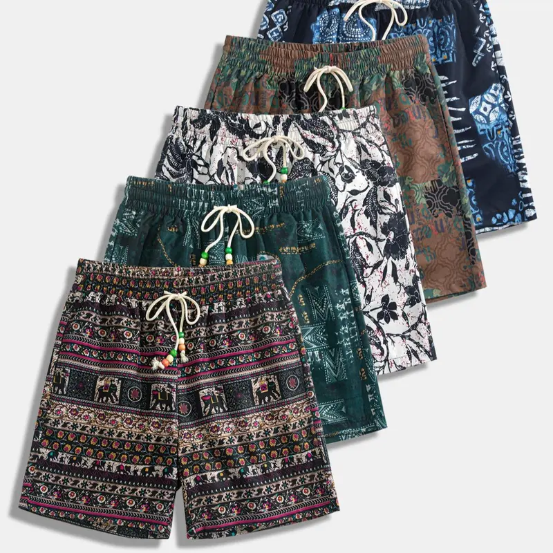 Men's Ethnic Pattern Drawstring Waist Baggy Shorts, Loose Casual Comfy Beach Paisley Shorts for Summer, Casual Athleisure Shorts, Hawaiian Beach Shorts, Lightweight Casual Shorts, Casual Wear Shorts