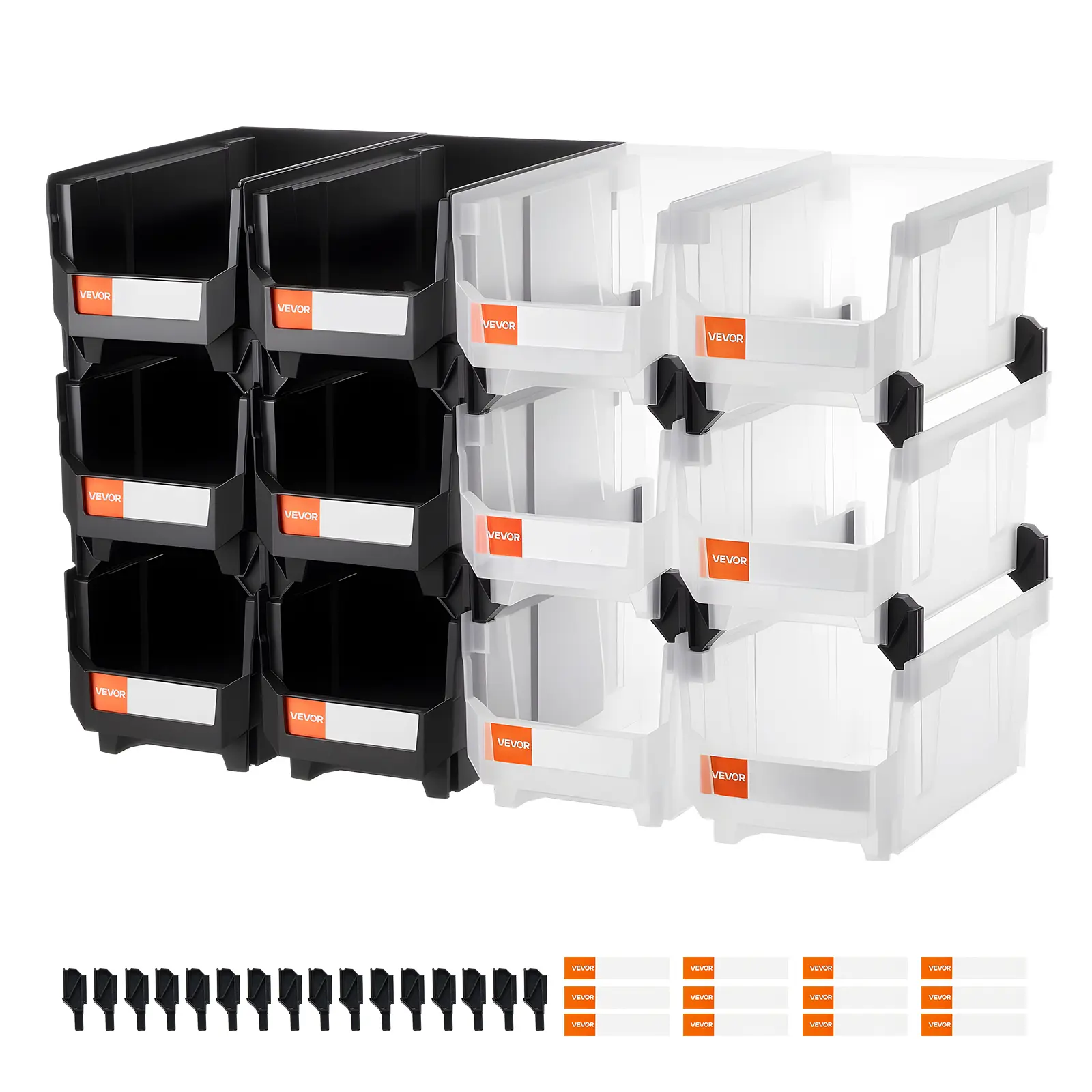 VEVOR Rectangle Plastic Stackable Storage Bins, 12-Pack 14.8x8.5x7.1in Durable Easy-to-Clean Black & Transparent Containers with Label Compatibility for Closet Storage, Office, Playroom, Craft Rooms