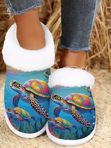 Women's Sea Turtle House Slippers, Soft Fuzzy Indoor Outdoor Winter Warm Slip Ons, Non Slip Rubber Sole, Animal Print