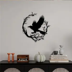 1pc Raven Metal Wall Art, Raven Statue Mural, Perfect for Gothic Room, Library, Dark Decor, Halloween Decor, Ideal Gift for Mystery Lovers