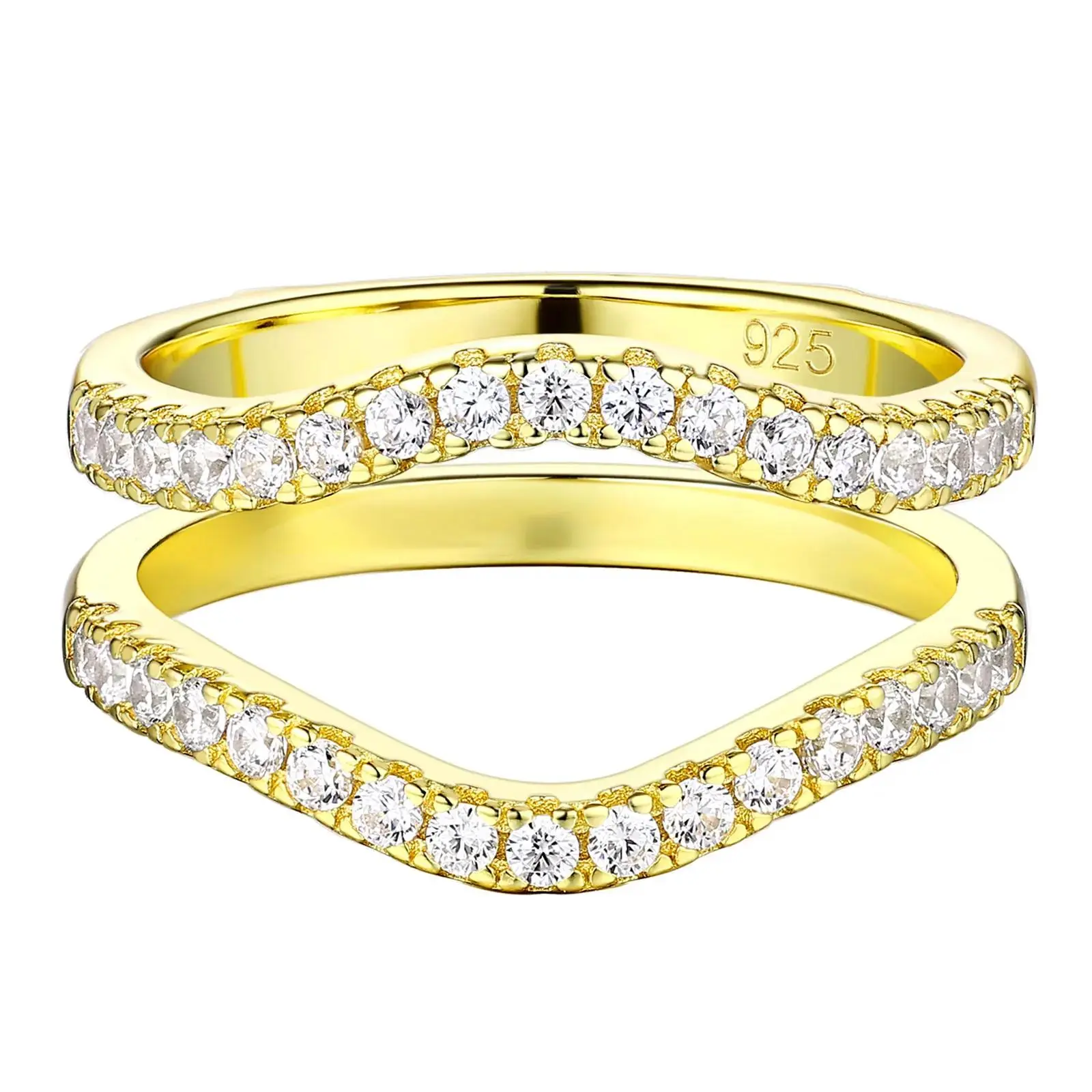 Women's 925 Sterling Silver Curved Ring Enhancer Guard Ring - 1pc, 34 Pcs 1.5*1.5mm Cubic Zirconia, 4.15g Yellow Gold Color Fine Female Jewelry for Engagement, Birthday, Daily Couple Use, Guard Rings, Anniversary
