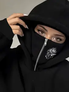 Double-Layer Hooded Sweatshirt with Pocket, Zipper, Floral Pattern, Loose-Fitting, Casual Style, Fall & Winter Wear, Must-Have Wardrobe Addition