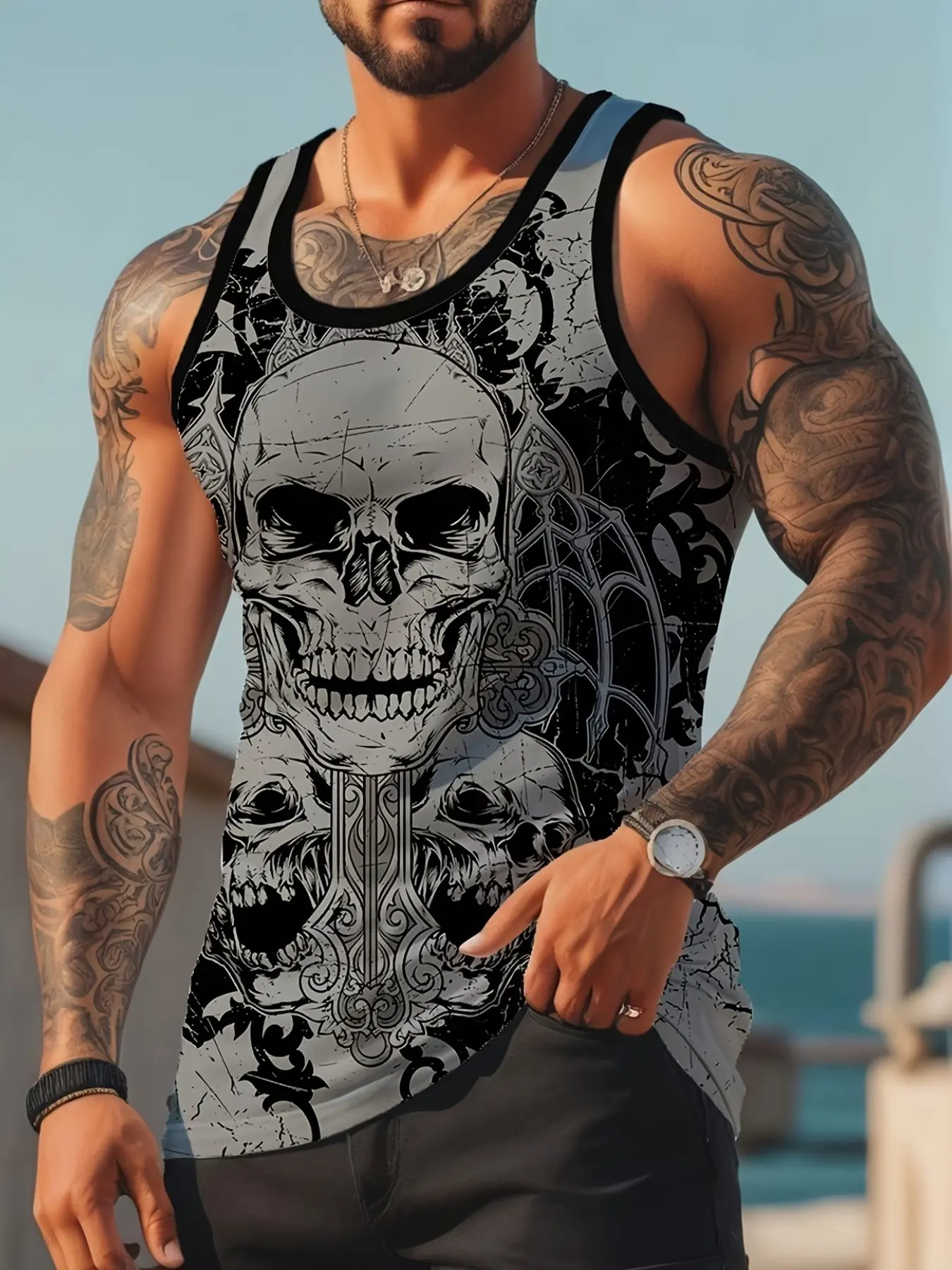 Men's Summer Casual Skull Print Round Neck Fitness Sports Tank Vest, Activewear Sleeveless Workout Breathable Top for Swimming, Sailing, Outdoor Activities, Athletic Outdoor Vests, Sleeveless Gym Tops