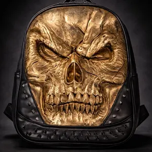 Titan Skull Gold Edition Backpack (SKU 3198) - Men's Fashion Luggage Bag, Studded Design, Bold Skull Print, Edgy Look