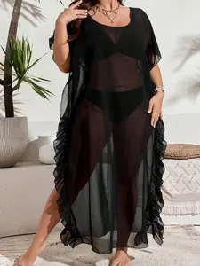 Plus Size Mesh Cover Up Top, Round Neck, Simple & Fashionable, Suitable For Summer