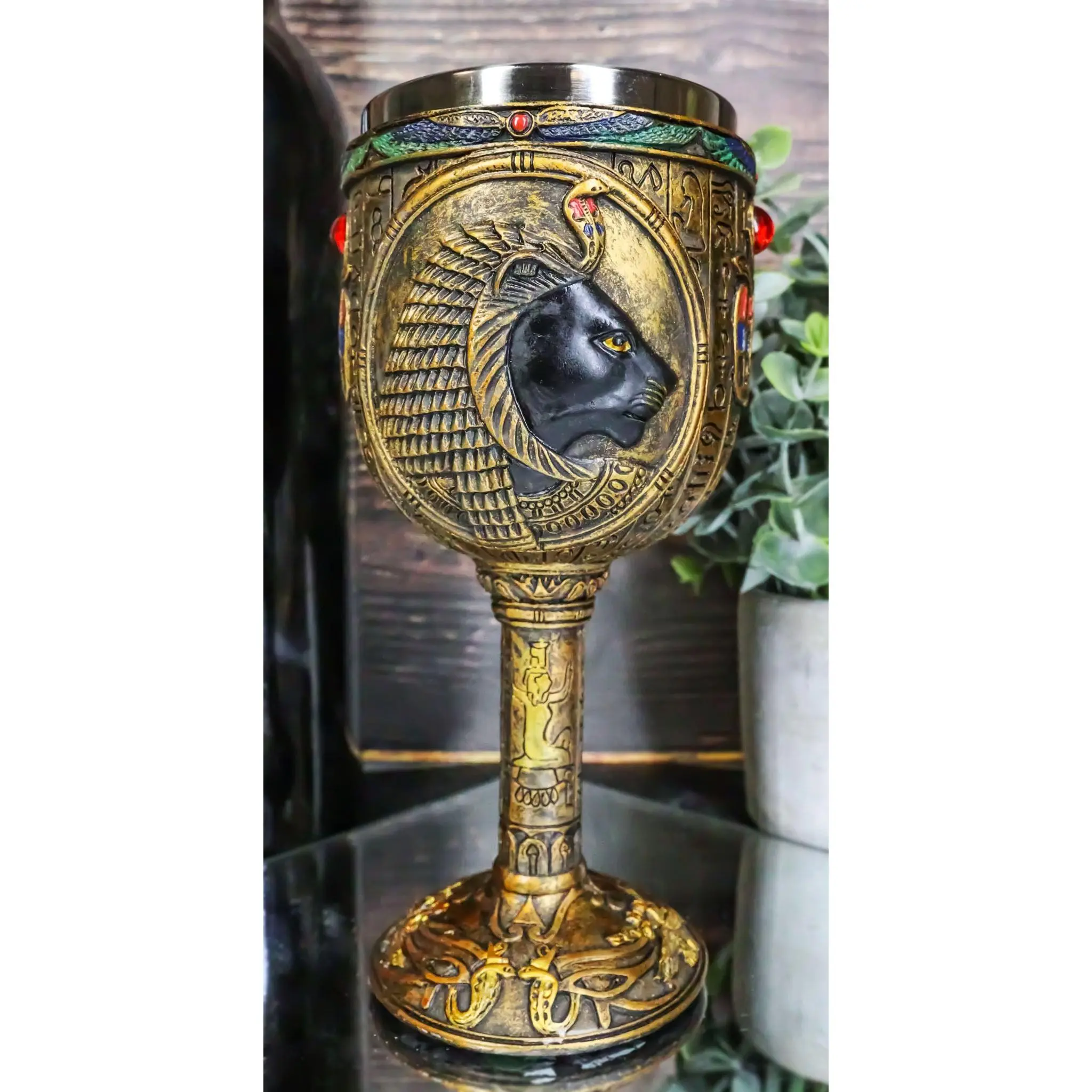 Ebros Egyptian Sekhmet 6oz Resin Wine Goblet Chalice With Stainless Steel Liner