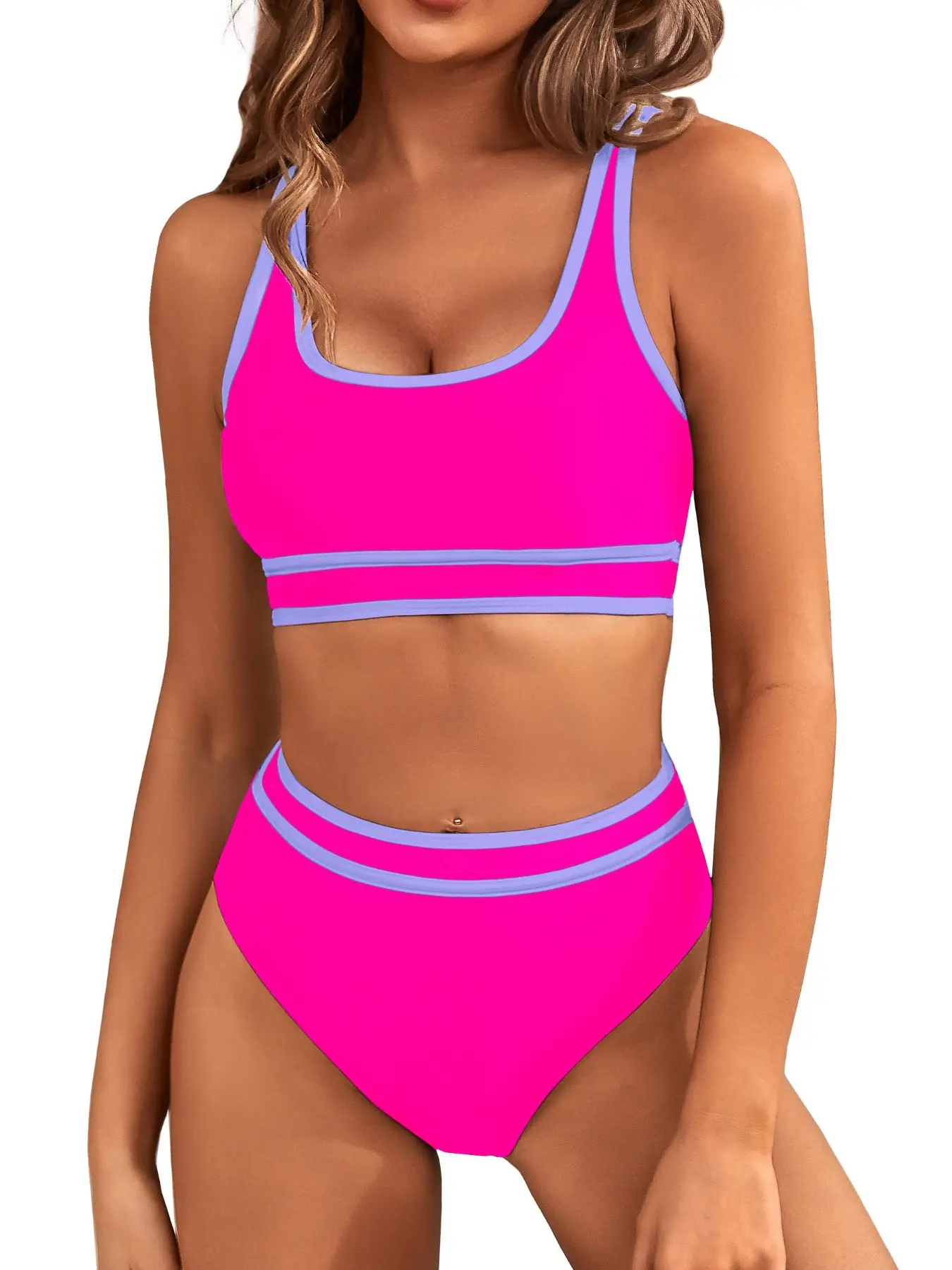 Women's Colorblock Two-Piece Sporty Bikini Swimsuit Set, Adjustable Straps, U-Neck, High-Waisted, Summer Beachwear, Casual Fitted Style, Bikini Sets, Bathing Suit