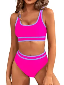 Women's Colorblock Two-Piece Sporty Bikini Swimsuit Set, Adjustable Straps, U-Neck, High-Waisted, Summer Beachwear, Casual Fitted Style, Bikini Sets, Bathing Suit