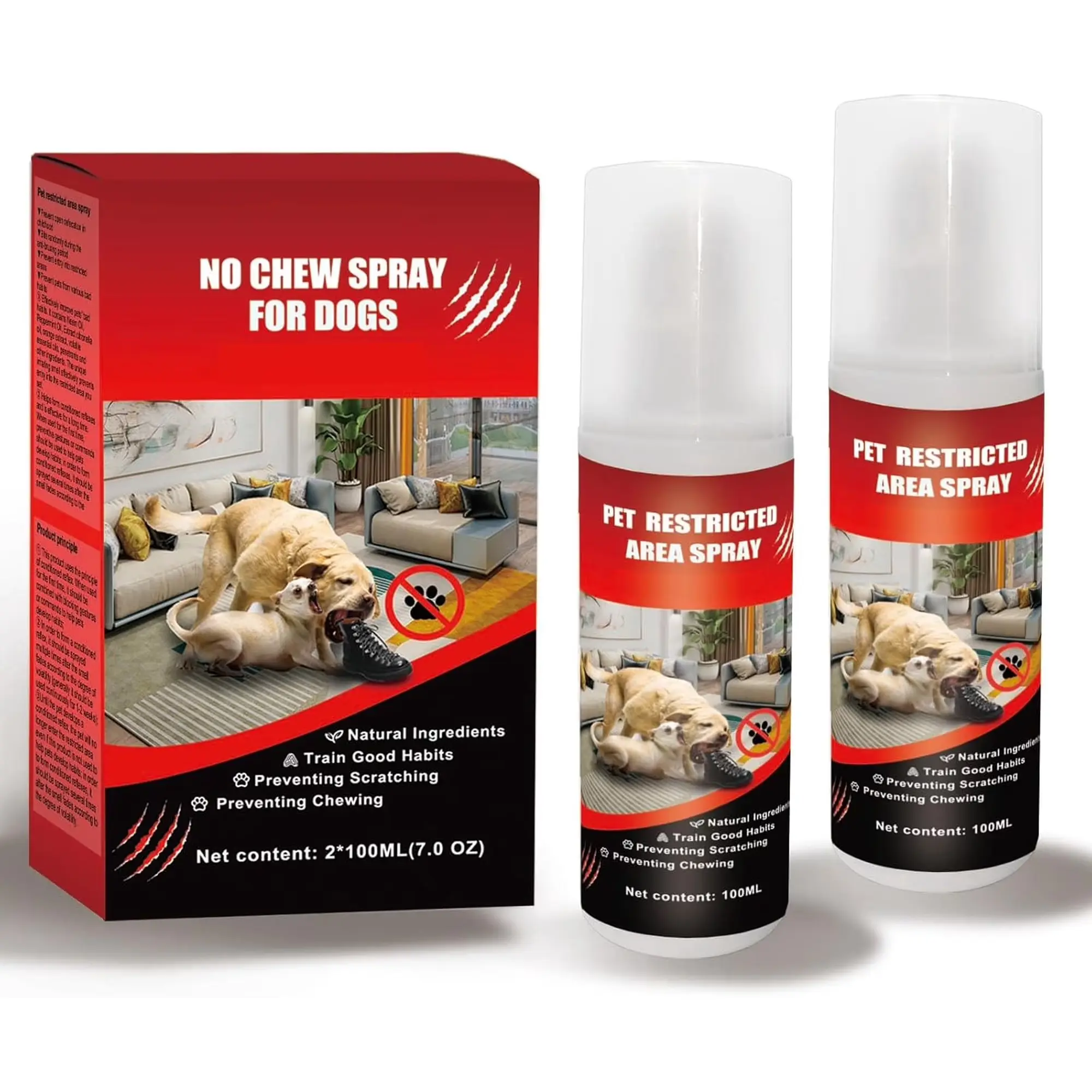 No Chew Spray for Dogs, 2 Pack 100ML Dog Deterrent Spray for Furniture, Alcohol-Free Bitter Training Spray, Pet Corrector for Chewing, Biting, Licking & Scratching, Indoor Outdoor Use, Red