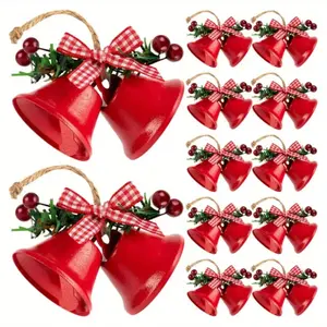 12pcs Cast Iron Christmas Bells Decorations with Red & White Gingham Bow & Greenery - Durable Indoor/Outdoor Hanging Decor for Tree, Tabletop, Fireplace - Festive Holiday Home Decor, Rustic Christmas Decorations, Tree Adornment, Traditional Design