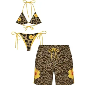 Matching Leopard Swimwear Set Hibiscus Flower Bikini for Women and Swim Shorts for Men, Couple Beach Outfits, Summer Vacation Essentials