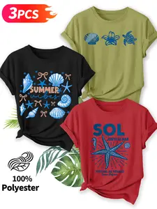 3Pcs Women's Crew Neck T-Shirts, Ocean Shell & Starfish Slogan Series Print, Multiple Colors Available, Machine Washable, Spring & Summer Tops, Soft Skin-Friendly Fabric, Daily Versatile Casual, Fashion Design