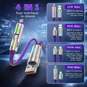 Travel Essential 4-in-1 Fast Charging Cable, Up to 240W High Power, 2000+ Bend Tested Liquid Silicone Cord with Colorful Breathing Light, Works with iPhone/Android/Laptop, USB-A/Type-C/Lightning Compatible Portable Charger