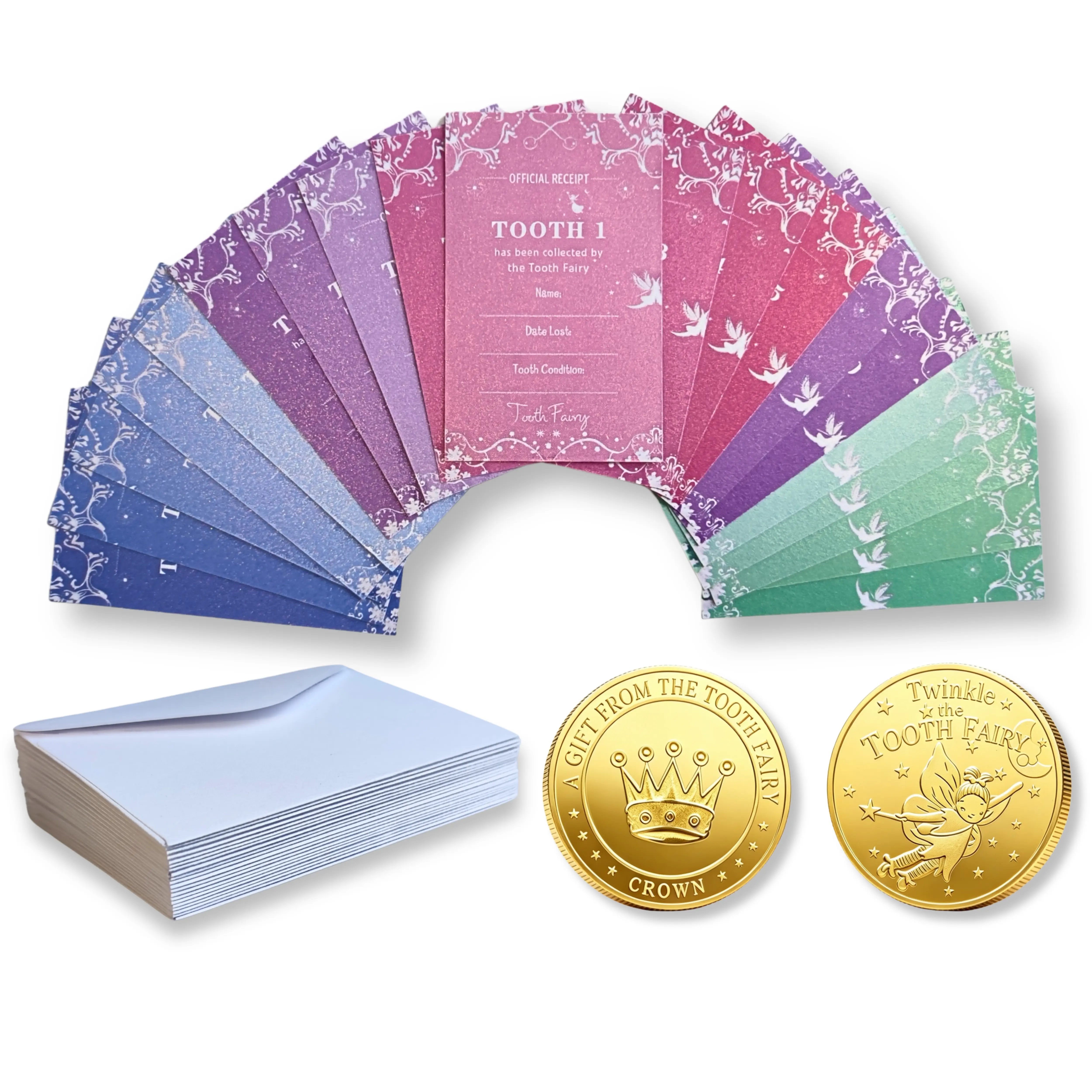 Tooth Fairy Gifts for Kids - 20 Numbered Tooth Receipts with Envelopes & 2 Tooth Coins