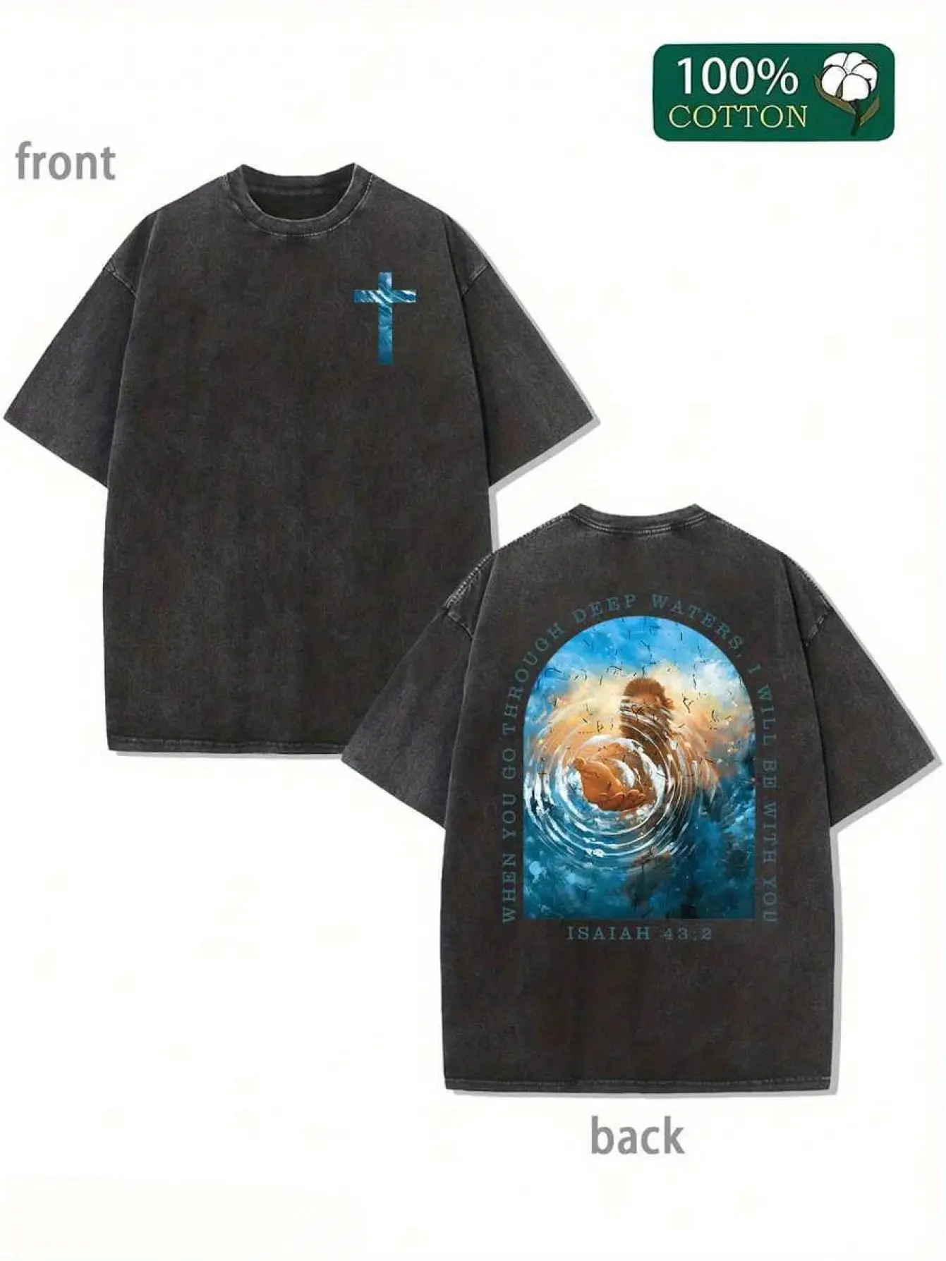 Men's 100% Cotton Heavyweight Vintage Short-Sleeve Round Neck Distressed Loose Graphic Tee - Cross & Isaiah 43:2 Bible Verse Print, Christian Tops, Casual Hip-Hop Streetwear, Breathable Machine-Washable Menswear, Vintage Figure Gift, Hand Wash Only, Heavy