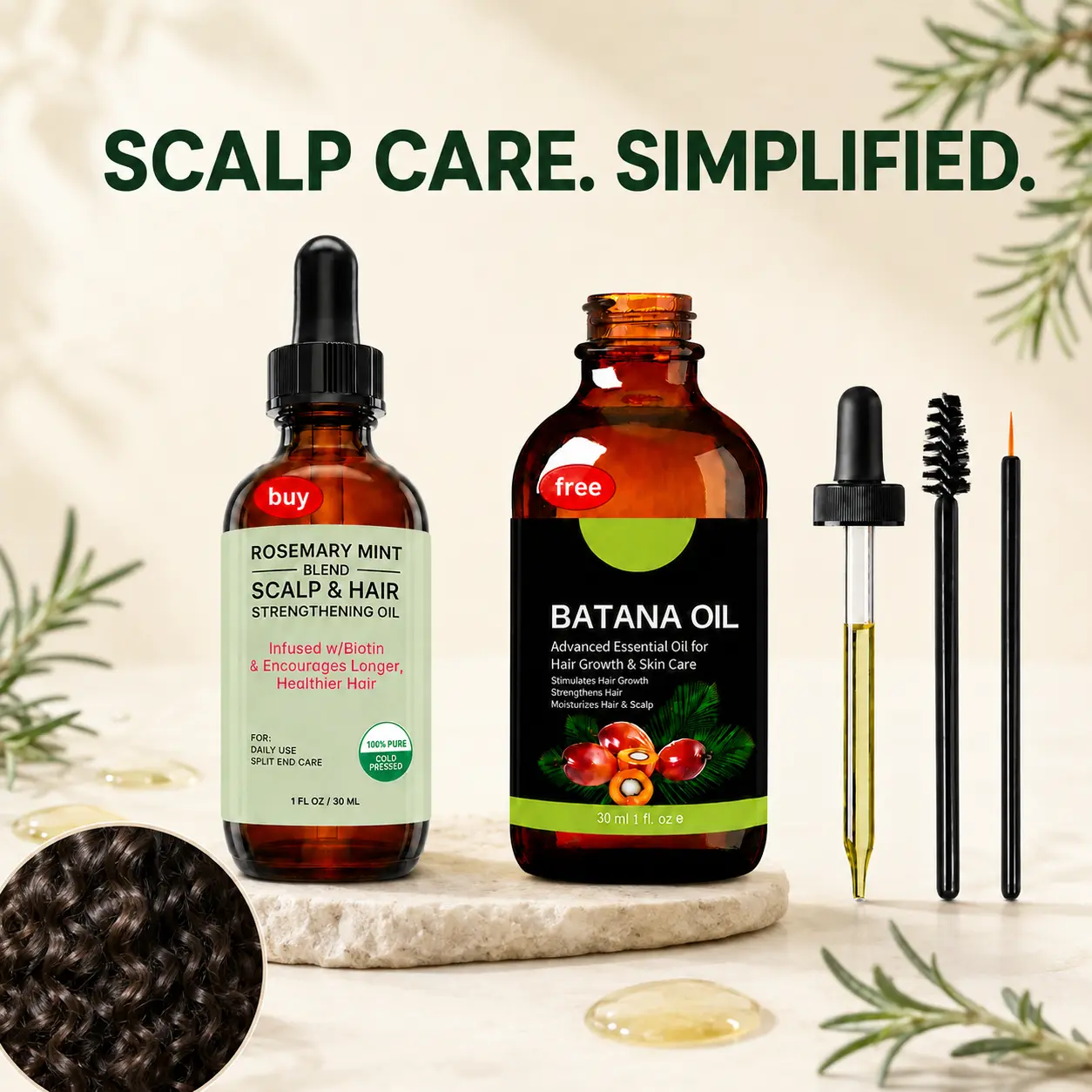 [Buy 1 get 1] Scalp Oil and Hair Oil, Rosemary Mint with Biotin and Batana Oil, 2-Bottle Precision Applicator Set, Wash Day Essential for Curly Hair, Fall Hair Care