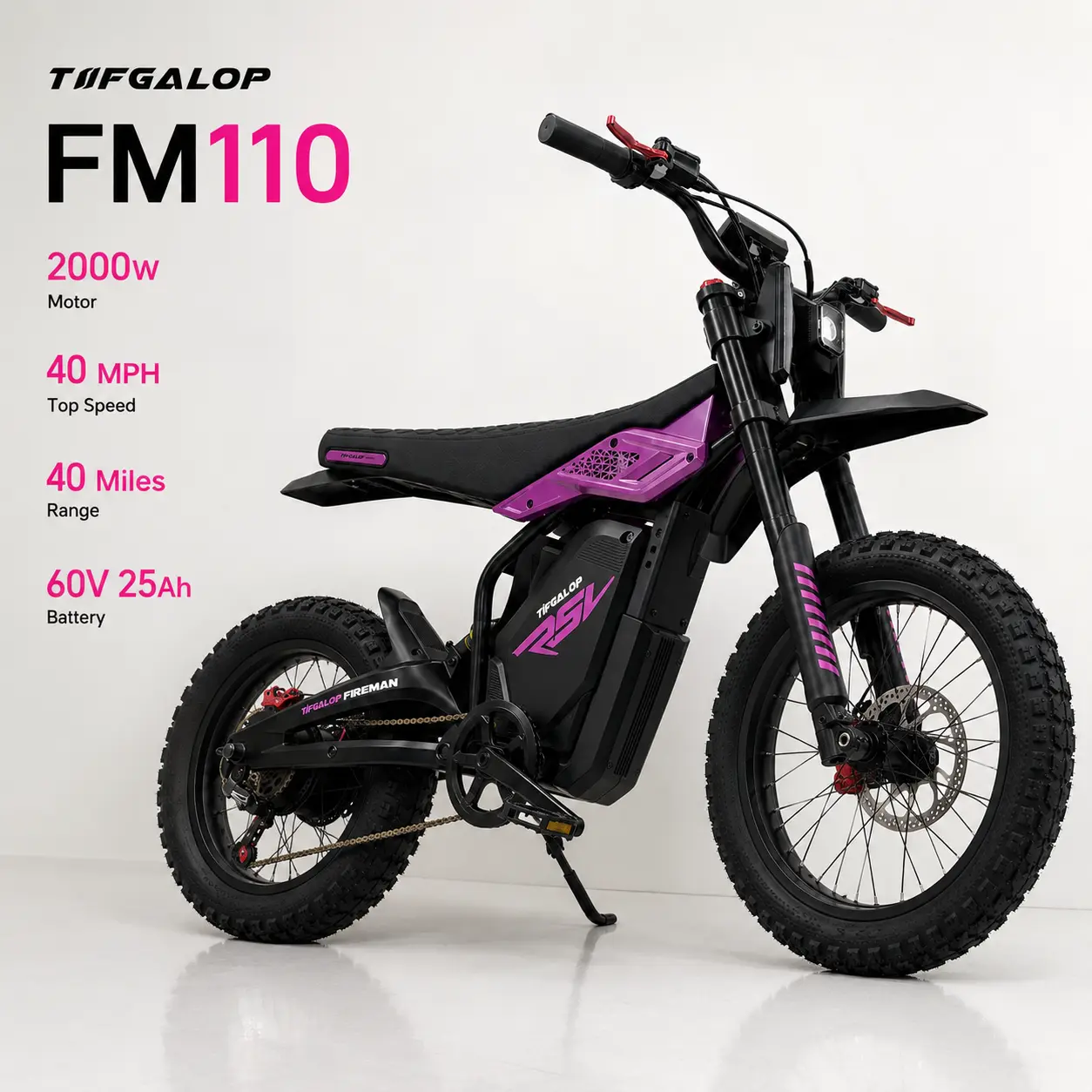TIFGALOP FM110 2000W Moped-Style Electric Dirt Bike for Adults - 40 MPH, 40 Mi Range, 60V 25Ah Removable Battery, Fat-Tire Off-Road Ebike with Full Suspension, Hydraulic Brakes
