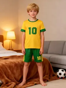 Boys' Short Sleeve Pajama Set, Football Theme, Breathable & Comfortable, Loose Fit, Ideal for Daily Wear & Playtime