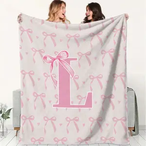 Letter "L" Soft and Sweet Flannel Blanket,Mini Pink Bows and Heart Patterns Conveys Gentle and Sweet Temperament Hearts Cover Blanket, Soft Fluffy Warm Blanket,Outdoor Sports Blanket,Gift Blanket, Suitable Living Rooms,Sofas,Offices,Camping,Travel.