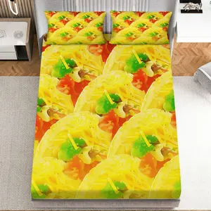 3Pcs Taco Fiesta Colorful Food Fitted Sheet Three Piece Set (1*Fitted Sheet+2*Pillowcases, Coreless), Party theme, Unique Vibrant Design Bedding Set, Mattress protector Soft, Breathable