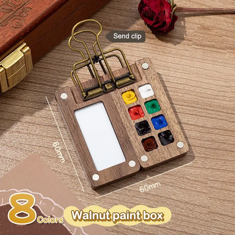 Portable Walnut Wood Watercolor Palette - Lightweight Compact & Travel-Friendly Pocket-Sized Paint Box with Clip for Journaling, Sketchbooks, Beginners' Travel Sketching, Compact & Travel-Friendly Design