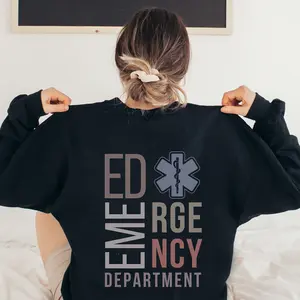 Emergency Department Sweatshirt ER Nurse Hoodie Fitted Crewneck Long Sleeve Casual Wear Women's Top Soft Cotton-Polyester Blend DTG Printed
