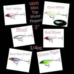 GEN2 Mini Top Water Plopper 3” 1/4oz - Red/White, Glow White, Shad, Red Silver, Black-Blue-Purple, Green Tiger Colors