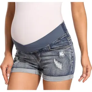 Women's Maternity Ripped Jean Shorts Roll Hem Denim Shorts Pregnancy Summer Shorts