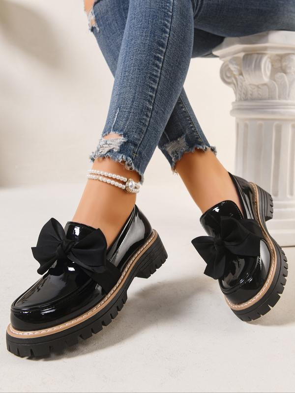 Women's Bowknot Loafers, Spring & Fall Casual PU Leather Shoes, Plain Pattern, Less Than Ankle Height, PVC Sole