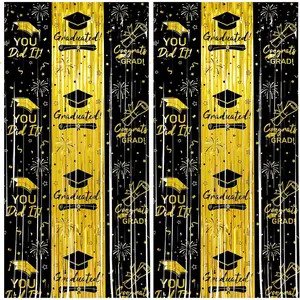 Thicken Black and Gold Graduation Tinsel Backdrop, 2 Pack 3.3 x 6.6 FT, Foil Fringe Curtains Photo Booth Prop Streamers for Class of 2026 Grad Party Decorations