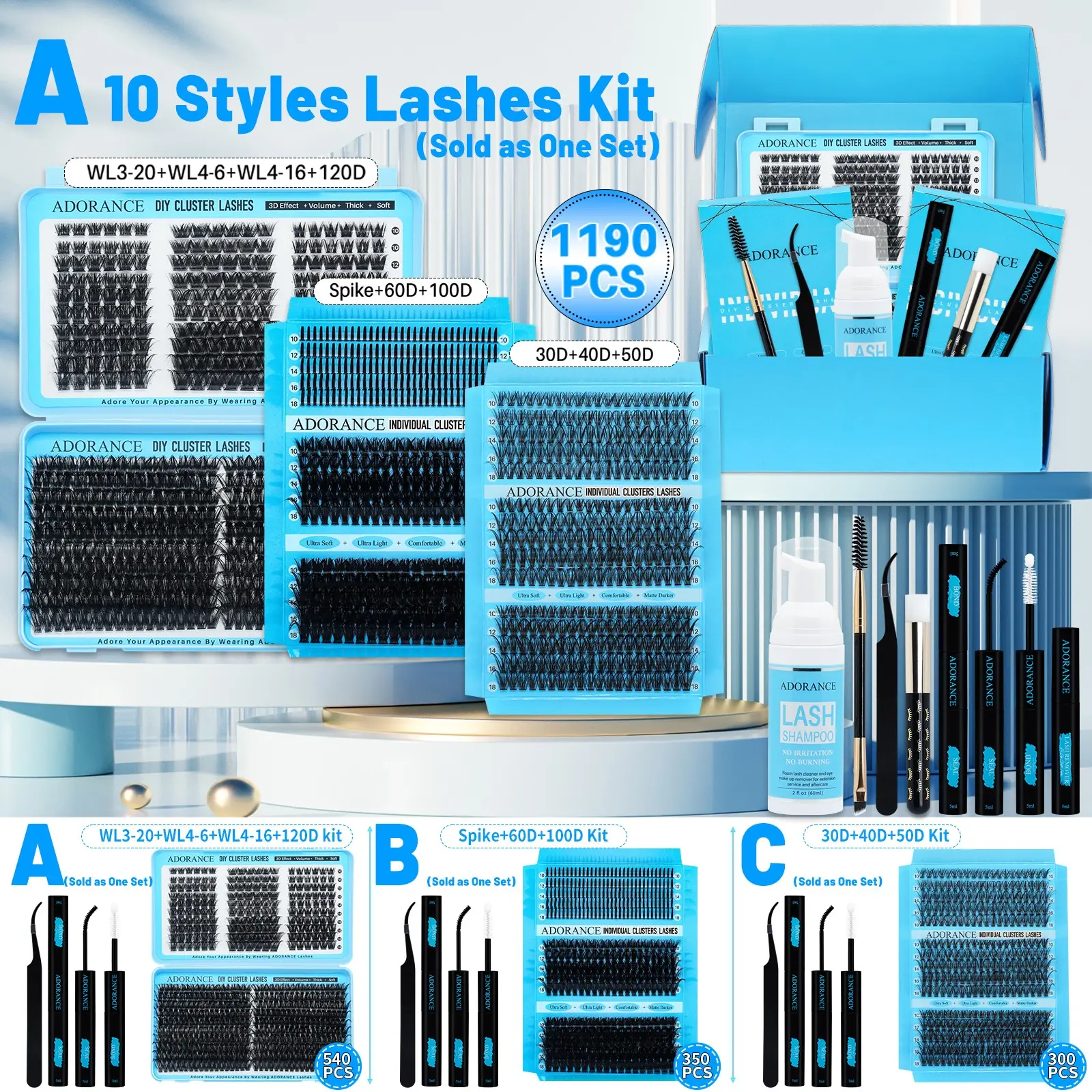 1190/540/350pcs Lash Clusters Eyelashes Extensions Kit, Cosmetic Eyelash Extension, D Curl 10 Styles 10-18 mm Spikes/Natural/Volume with Bond & Seal, Lash Remover, Lash Brush, Lash Applicator, Tweezers, for Beginners and Pros, DIY at Home