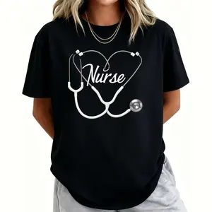 Plus Size, Women's Plus Size -Themed Stethoscope & Heart Print T-Shirt - Short Sleeve Round Neck Casual Blouse Top Suitable for Nurses, Healthcare Workers,, Machine Washable Casual Attire