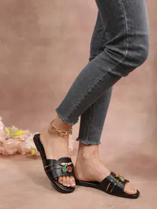 Women's Colorful Rhinestone Cherry Decoration Slip-On Sandals, Flat Sole Open Toe Summer Fashion Outdoor Slippers