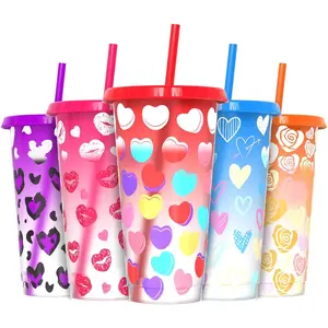 Color Changing Cups, 24 oz Reusable Tumblers with Lids and for and Travel| for Iced Coffee Tea and Smoothie - 5 Pack, Heart Style,Valentine's Day Gift, BPA-free
