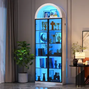 Lvifur Arch Display Cabinet with Doors and Adjustable Shelves, 76" Tall Curio Cabinet with LED Lights/Storage Space, 6 Tier Display Case Bookcase for Collectibles Bedroom Living Room Office