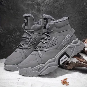 Mens Winter Fuzzy Lined Warm Snow Boots For Casual And Snowy Outdoor Wear Grey Black PU Upper Thick PVC Sole