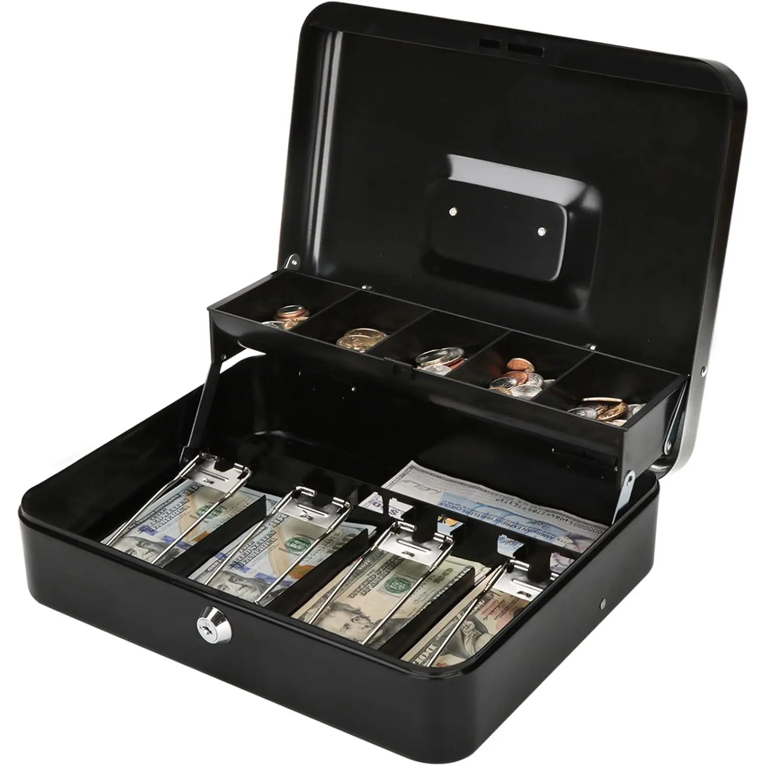 Jssmst Large Cash Box SM-CB0501L with Money Tray & Lock - XLarge Safe Box for Cash Saving, 11.8L x 9.5W x 3.5H Inches, Black, Four Spring Clips, Foam Cover