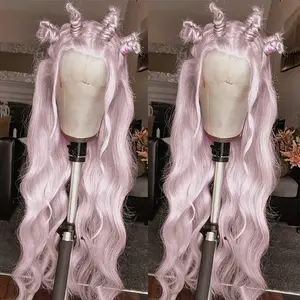 QD-Tizer Ice Pink Long Body Wave Wigs for Women 13x4 Glueless Pre Plucked Synthetic Lace Front Wigs Light Pink Long Wavy Culy Heat Resistant Fiber Halloween Wig