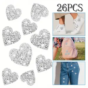 26 Pieces Heart Shape Iron on Patches Heart Rhinestone Patches Silver Adhesive Applique Hot Glue Rhinestone Love Hearts Glitter Crystal Patches for Clothing Jeans Shoes Hats Repair Decoration(4Sizes)