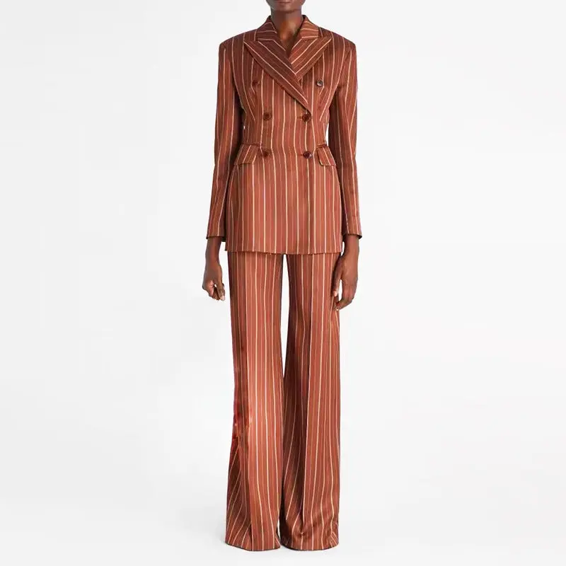 Erracotta White Vertical Stripe Double Breasted Blazer & Wide Leg Floor Pants 2-Piece Suit Set