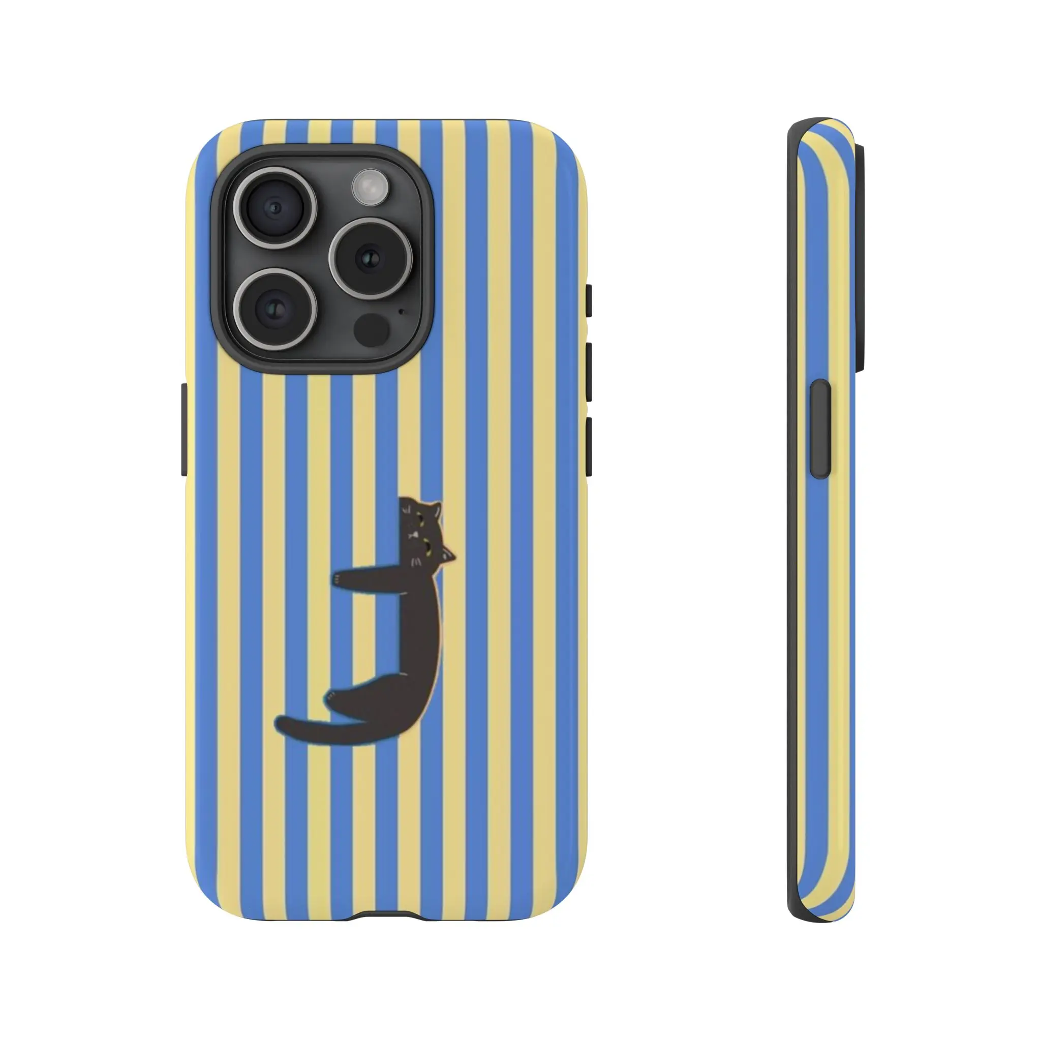 Cute Black Cat Striped Phone Case, Lazy Cat phone cover, Blue and Yellow Aesthetic Protective Cover, gift for cat lovers