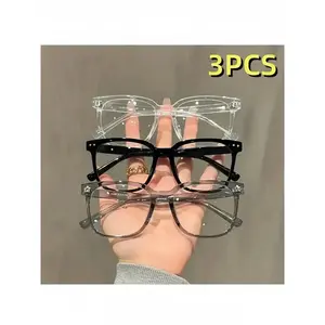 3 pairs of unisex stylish glasses, square frames suitable for makeup, gaming, mobile phone use and TV watching, with black transparent frames featuring a contour design