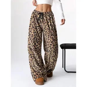 Women’s cozy fleece leopard-print wide-leg pants with a drawstring waist, animal print, casual wear for fall and winter